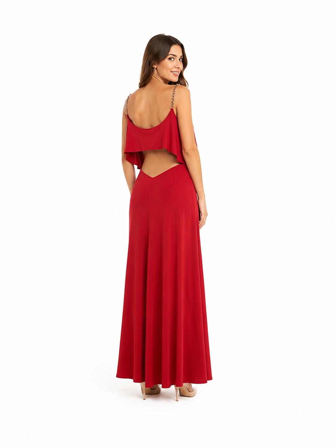 Arriendo de Vestido largo lycra suricata rojo con cadenas