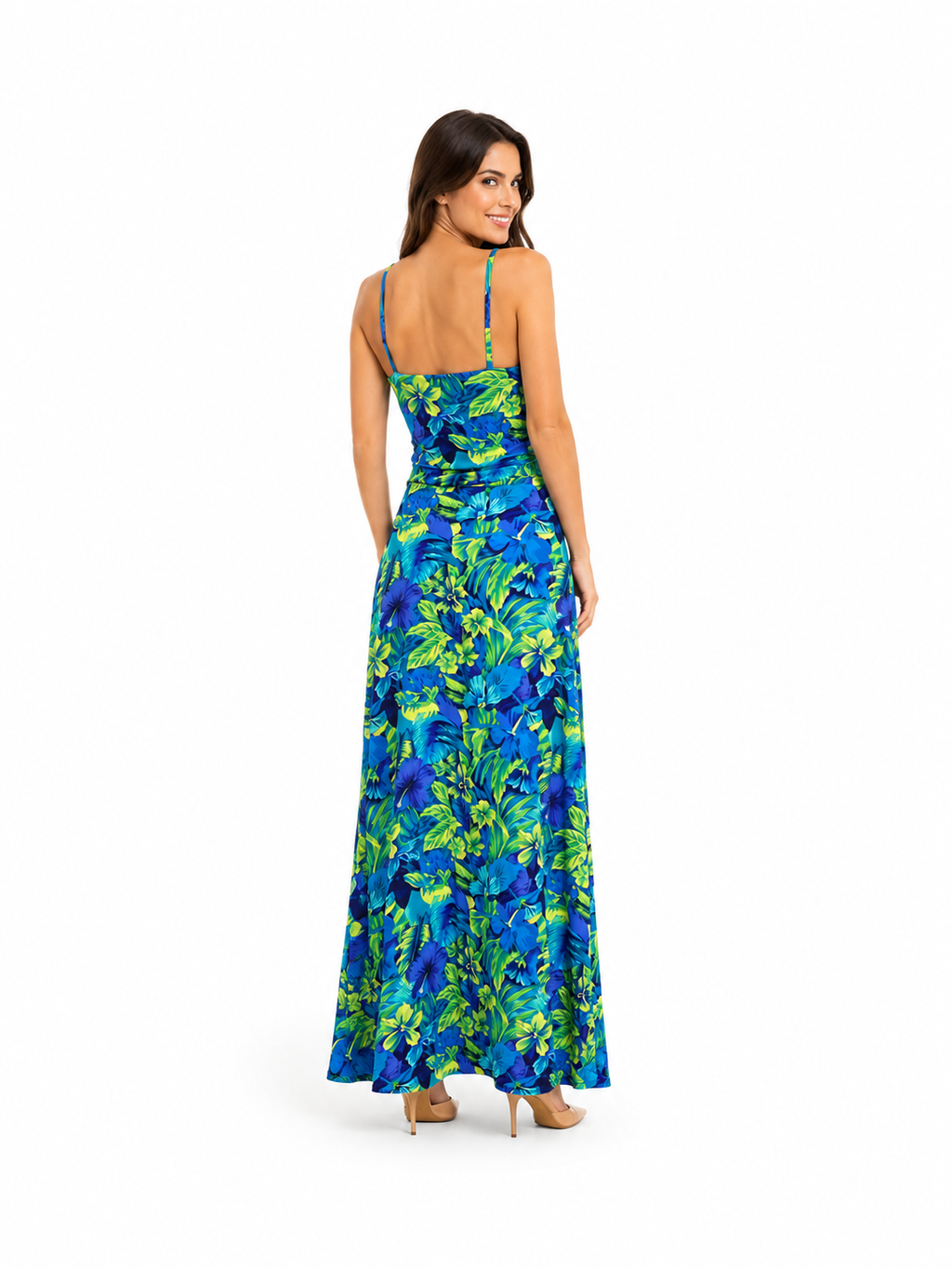 Arriendo de Vestido largo ay de mi estampado azul con flores de lycra