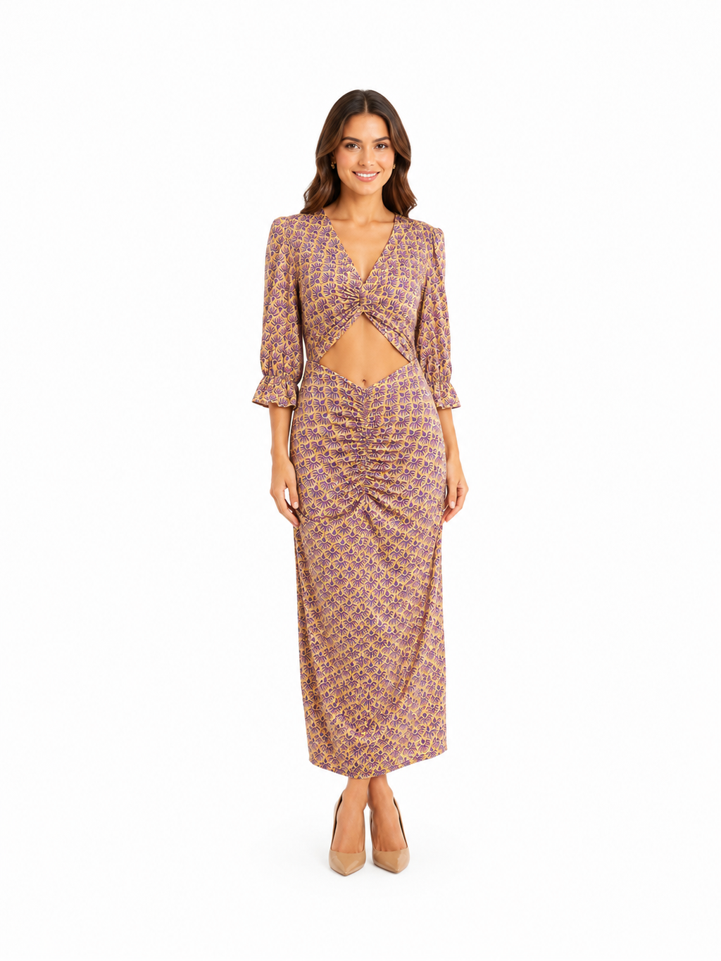 Arriendo de Vestido middie makia español con mangas con drapeado abdomen y nudo mostaza con morado
