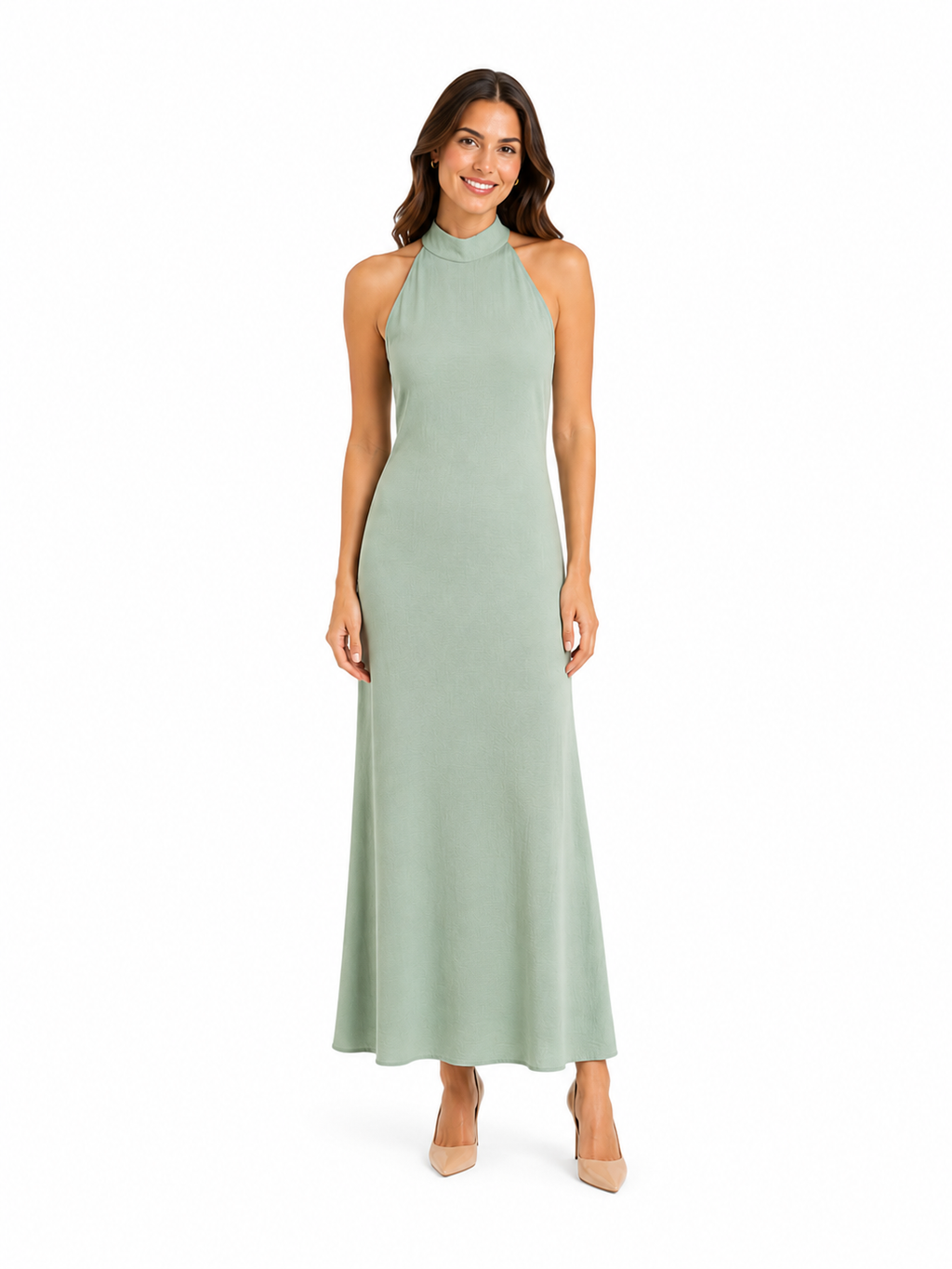 Arriendo de Vestido largo verde menta cuello halter espalda descubierta