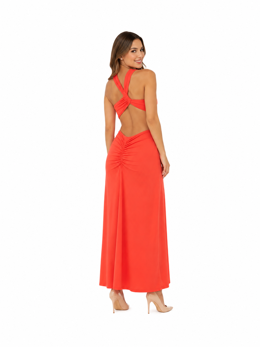 Arriendo de Vestido largo de lycra salmon asimétrico con cortes