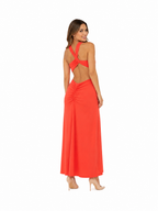 Arriendo de Vestido largo de lycra salmon asimétrico con cortes