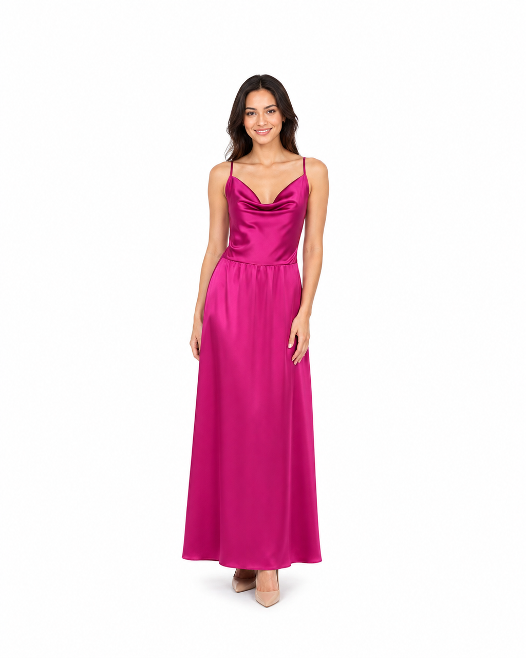 Arriendo de Vestido largo fucsia Karina Latorre con cuello bote y tajo al costado
