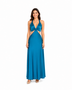 Arriendo de Vestido largo tori turquesa con tajo adelante y cut out