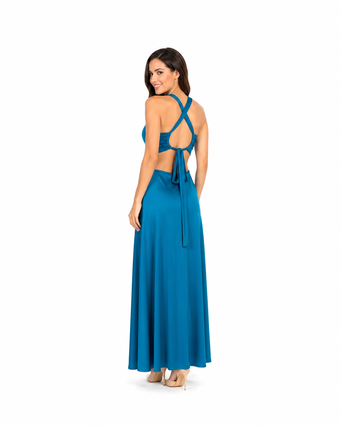 Arriendo de Vestido largo tori turquesa con tajo adelante y cut out