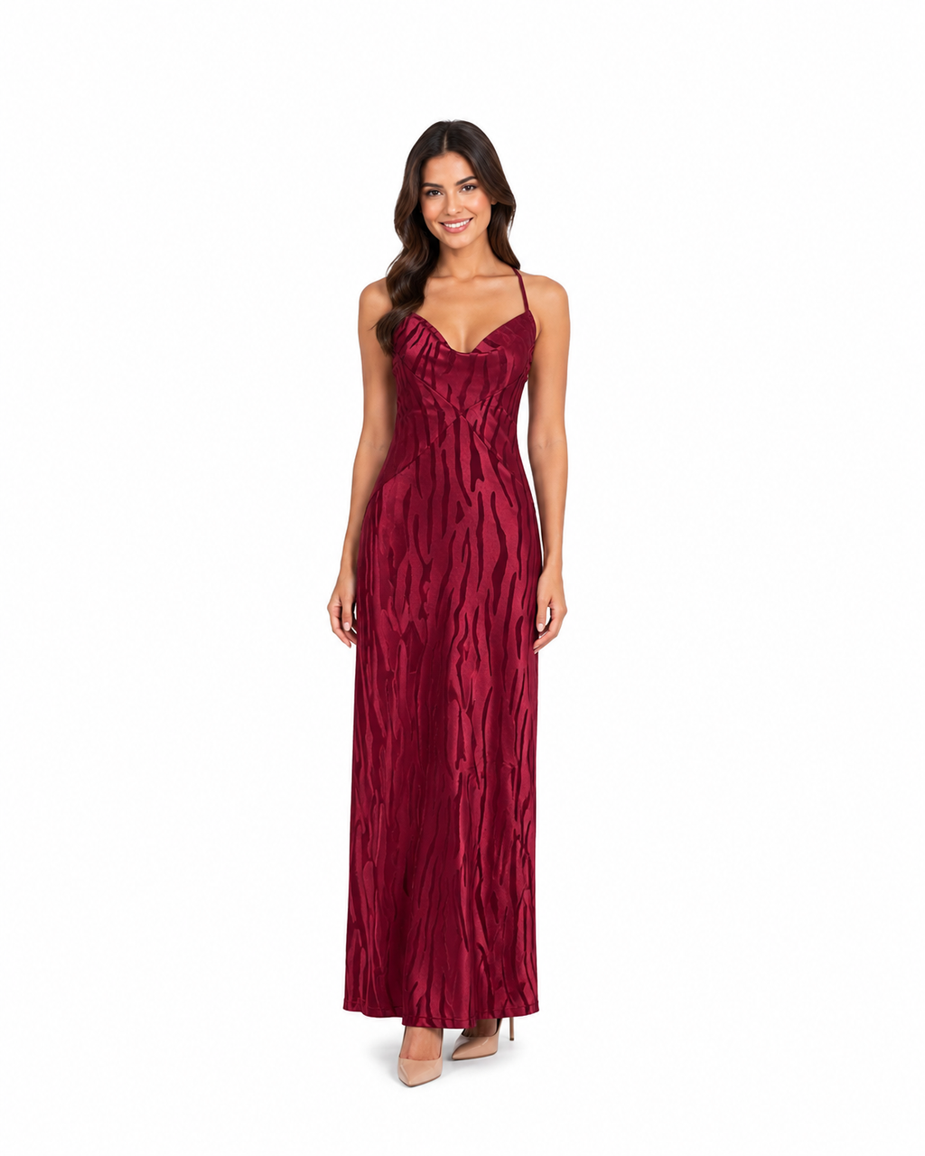 Arriendo de Vestido largo maco design burdeo zebra