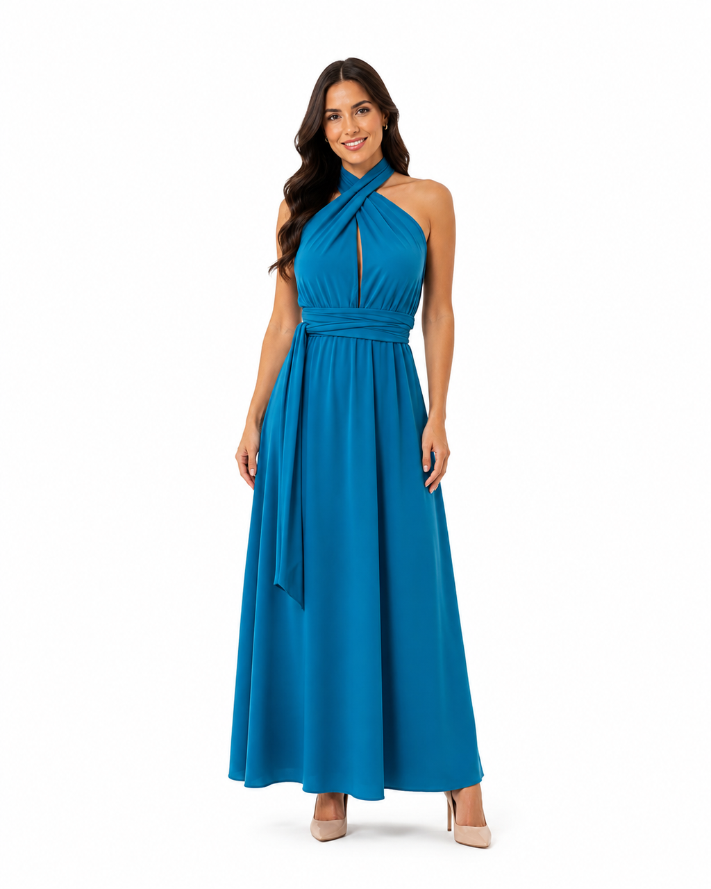 Arriendo de vestido largo multiforma petróleo