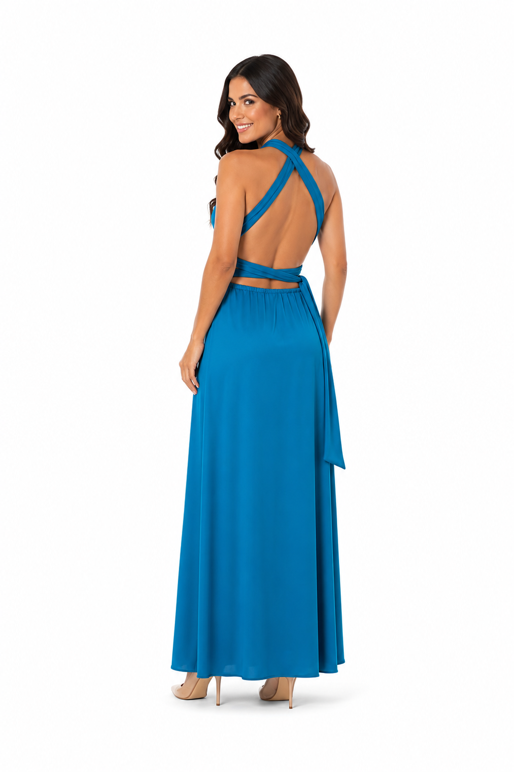 Arriendo de vestido largo multiforma petróleo