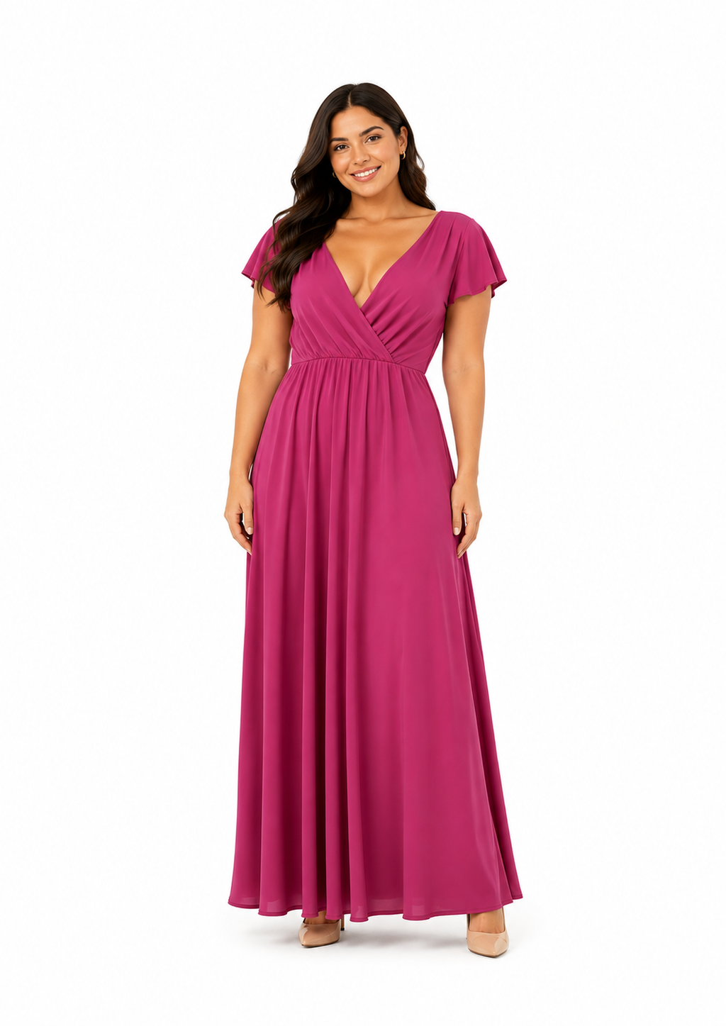Arriendo de vestido largo lycra fucsia escote v con manguitas