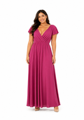 Arriendo de vestido largo lycra fucsia escote v con manguitas