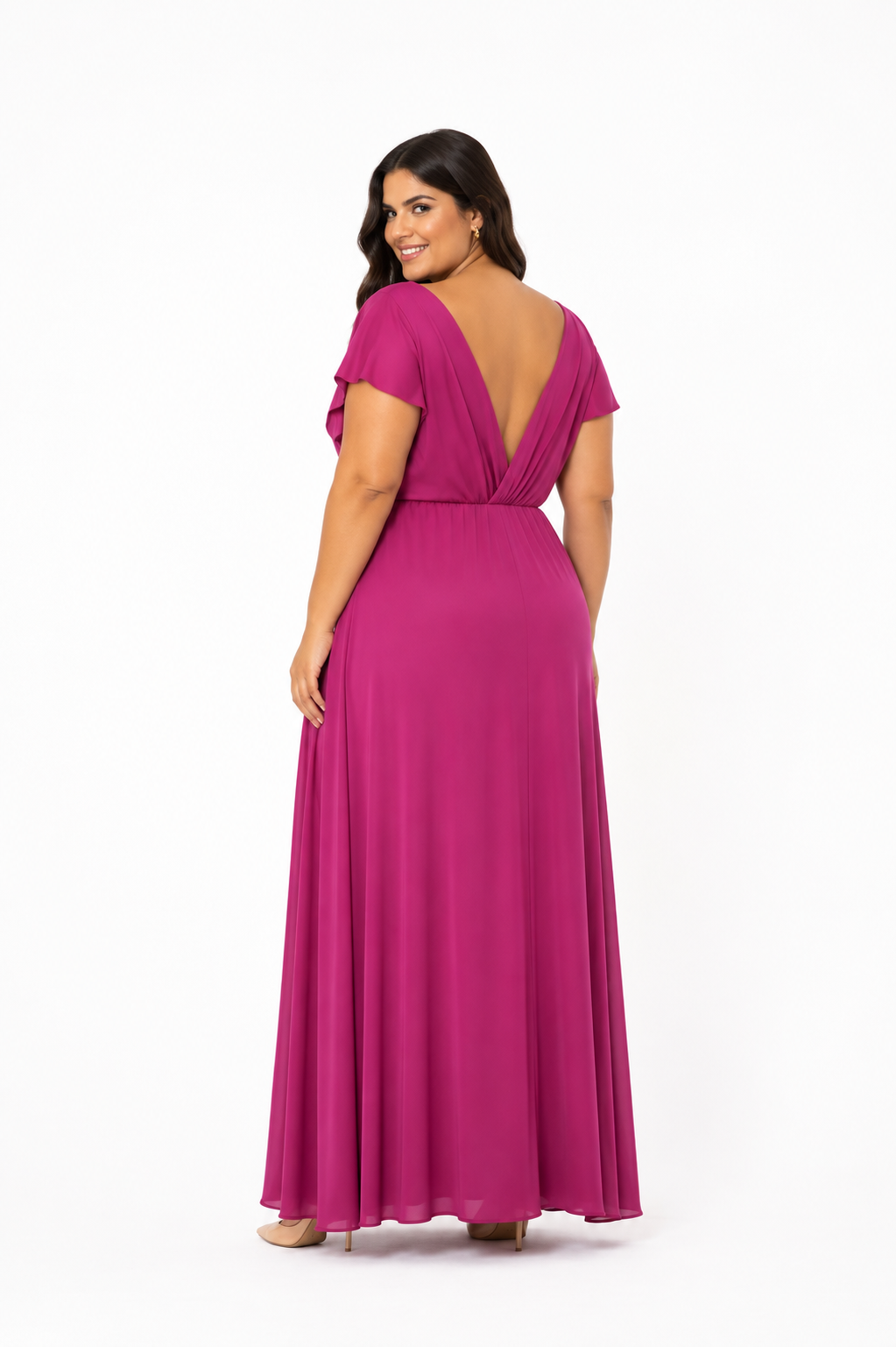 Arriendo de vestido largo lycra fucsia escote v con manguitas