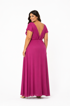 Arriendo de vestido largo lycra fucsia escote v con manguitas