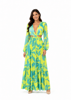 Arriendo de vestido largo verde limon y celeste con body