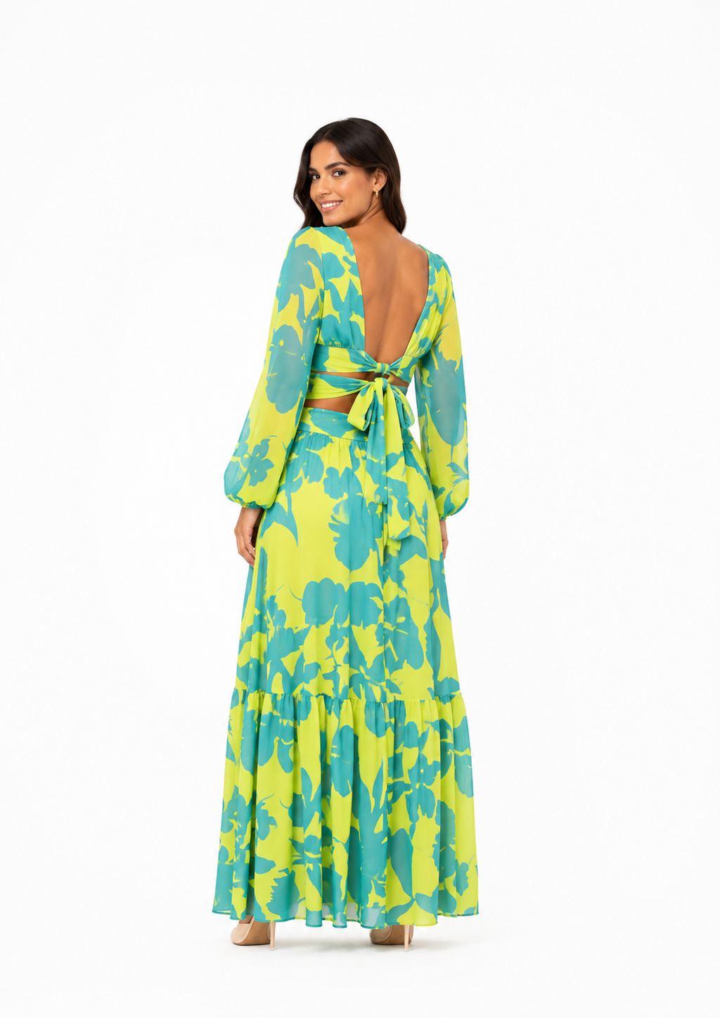 Arriendo de vestido largo verde limon y celeste con body