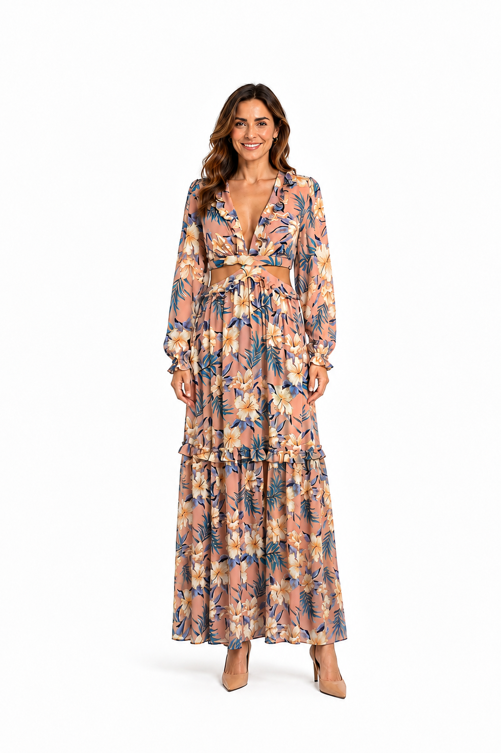 Arriendo de vestido largo estampado cut out español