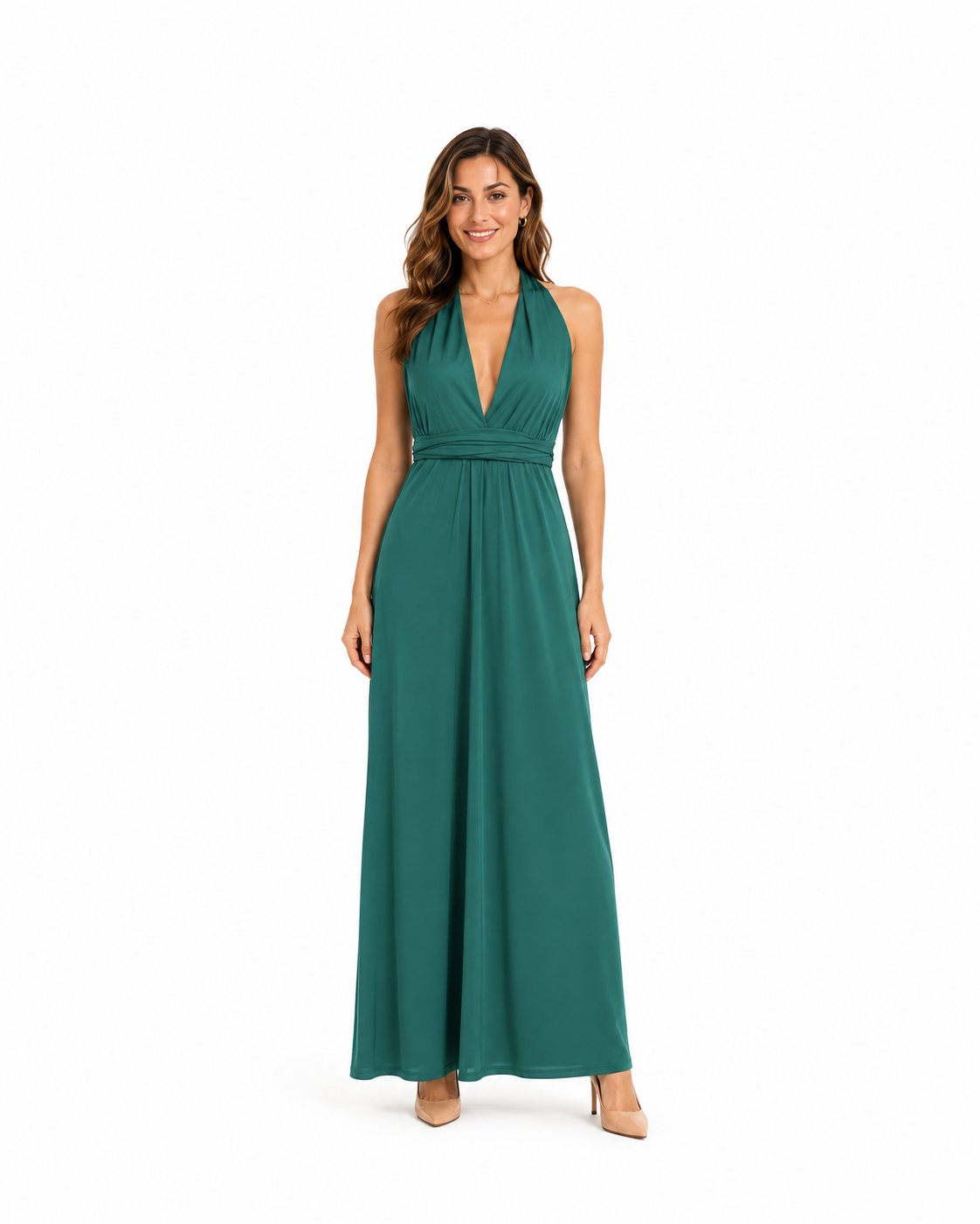Arriendo de vestido largo multiformas color verde con tajo