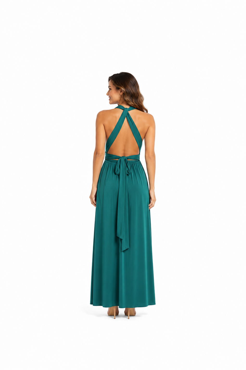 Arriendo de vestido largo multiformas color verde con tajo