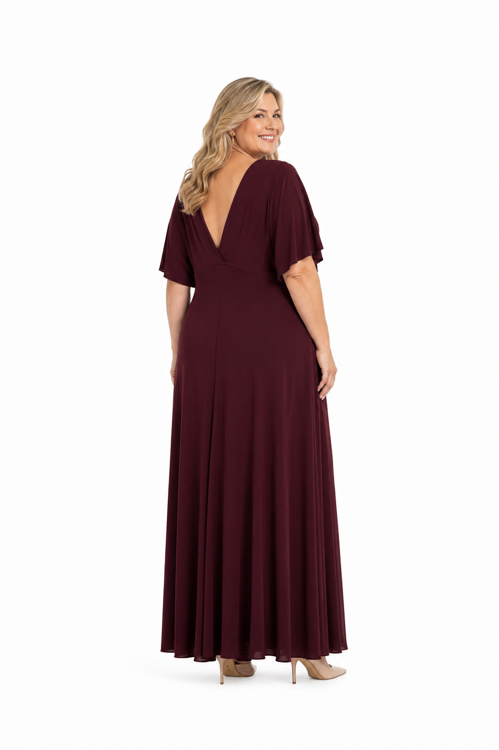 Arriendo de vestido largo de lycra burdeo con mangas