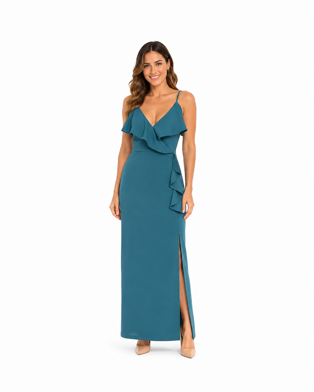 Arriendo de vestido largo petroleo con vuelos y encaje