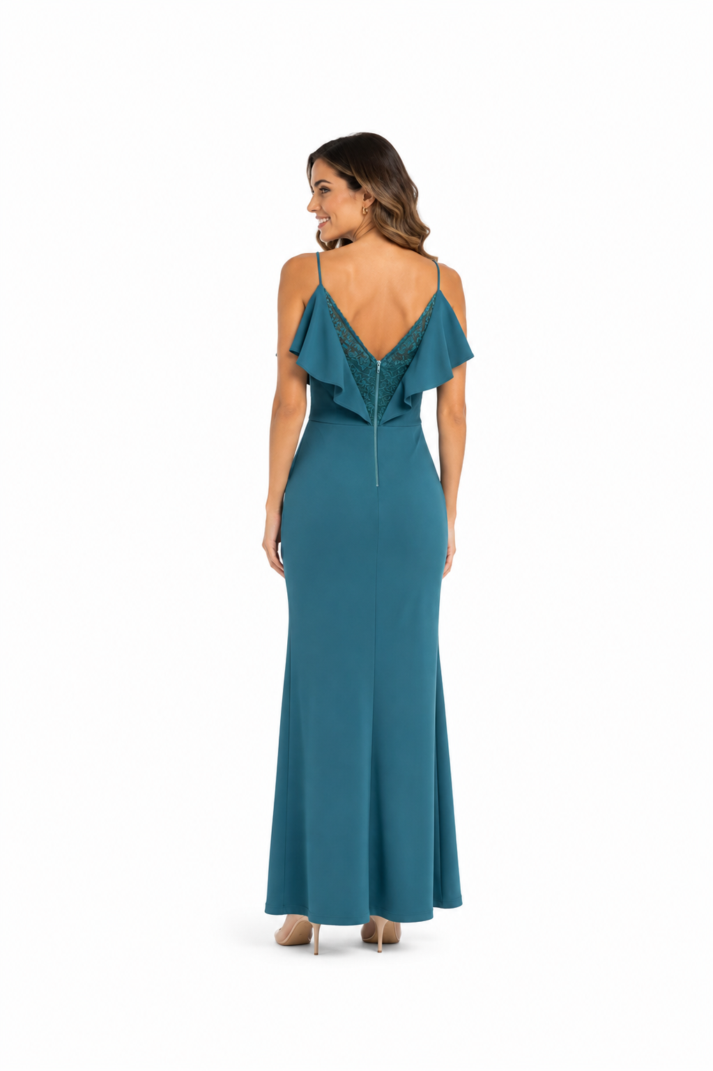 Arriendo de vestido largo petroleo con vuelos y encaje