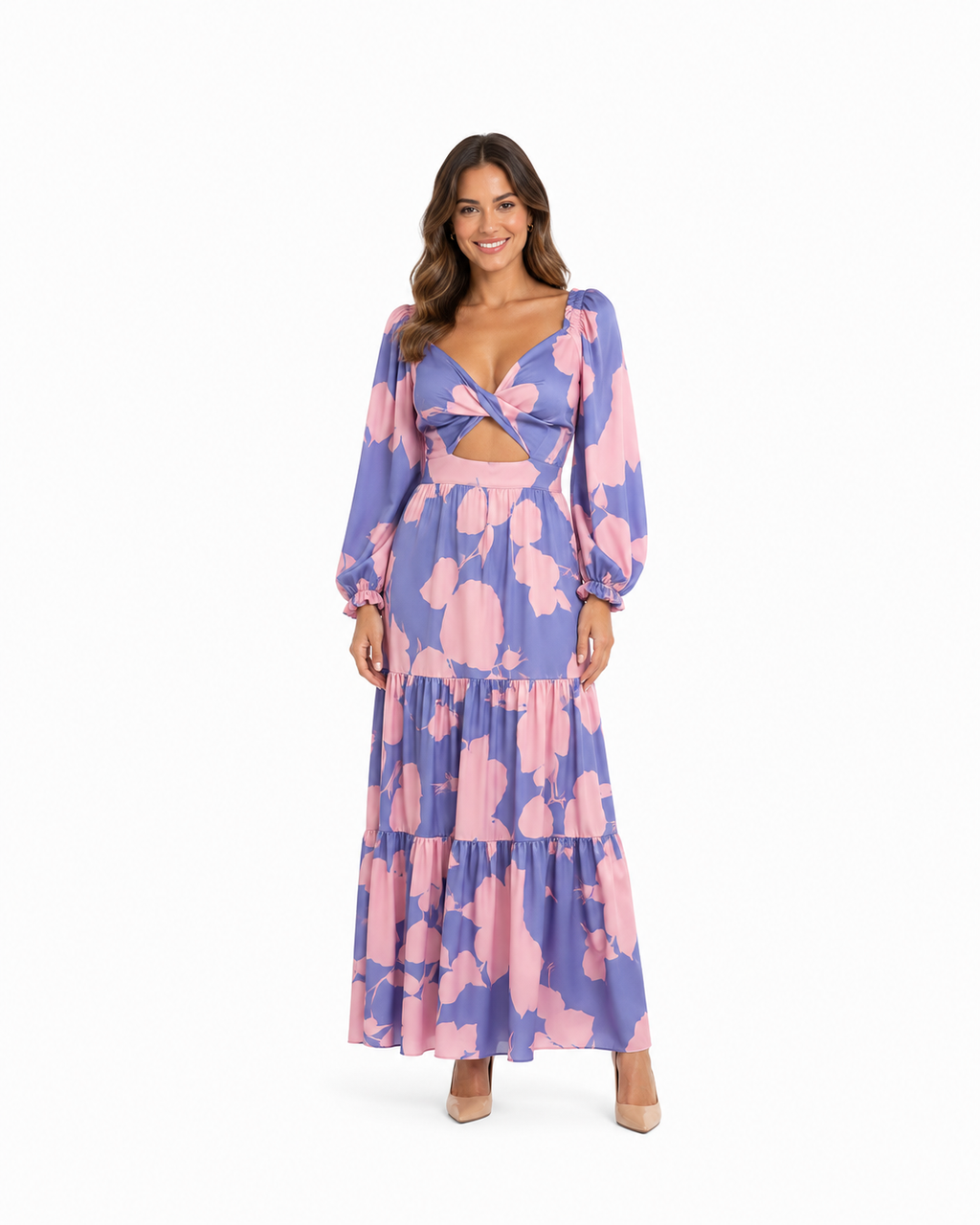 Arriendo de vestido largo con estampado y cut out marca Cocoota