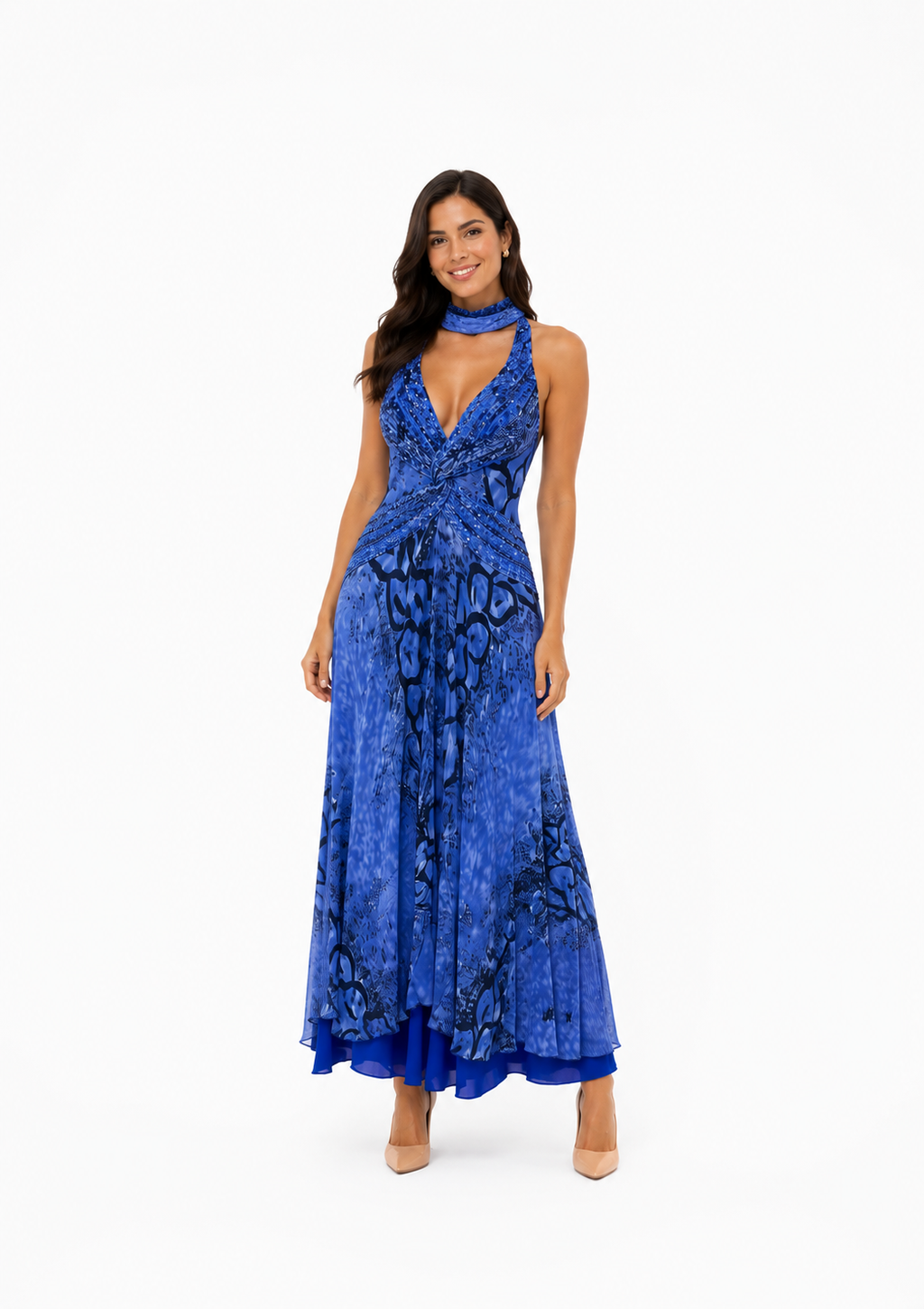 Arriendo de vestido largo morado con negro escote en V con mostacillas de gasa con pañuelo marca Alberto Makali