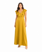 Arriendo de Vestido largo mostaza con vuelos arriba y amarre en espalda Karina Latorre
