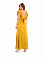 Arriendo de Vestido largo mostaza con vuelos arriba y amarre en espalda Karina Latorre