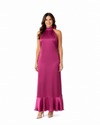 Arriendo de Vestido largo cuello halter morado de seda