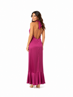 Arriendo de Vestido largo cuello halter morado de seda