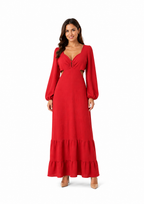 Arriendo Vestido largo rojo enigma estudio mangas largas aglobadas, corte en cintura y amarre en espalda
