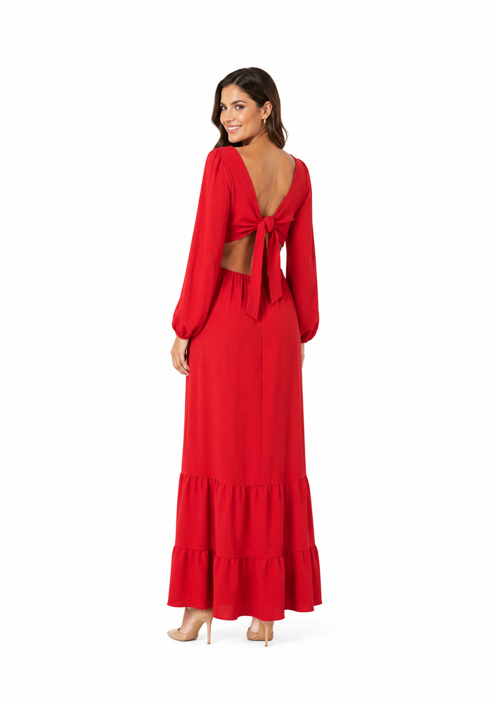 Arriendo Vestido largo rojo enigma estudio mangas largas aglobadas, corte en cintura y amarre en espalda