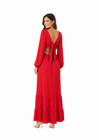 Arriendo Vestido largo rojo enigma estudio mangas largas aglobadas, corte en cintura y amarre en espalda