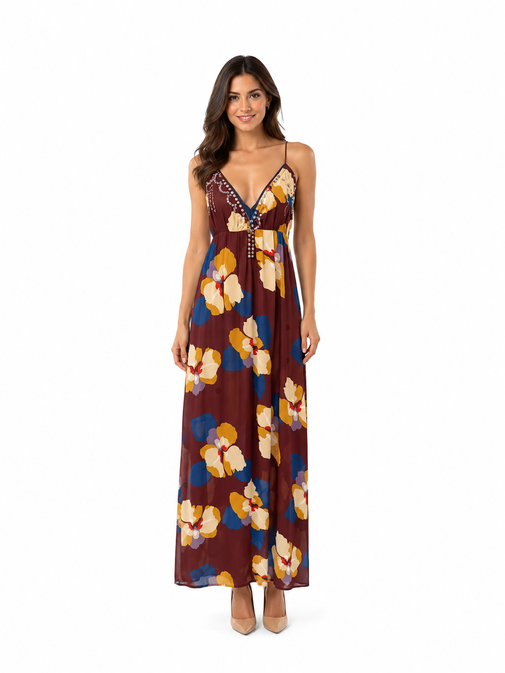 Arriendo Vestido largo rarabaris café con flores mostaza y colores