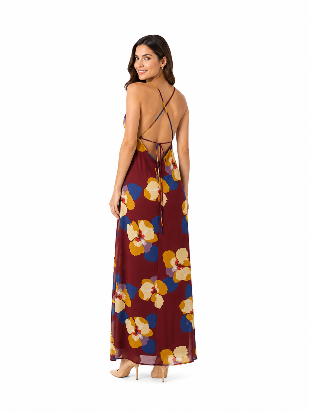 Arriendo Vestido largo rarabaris café con flores mostaza y colores