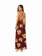 Arriendo Vestido largo rarabaris café con flores mostaza y colores
