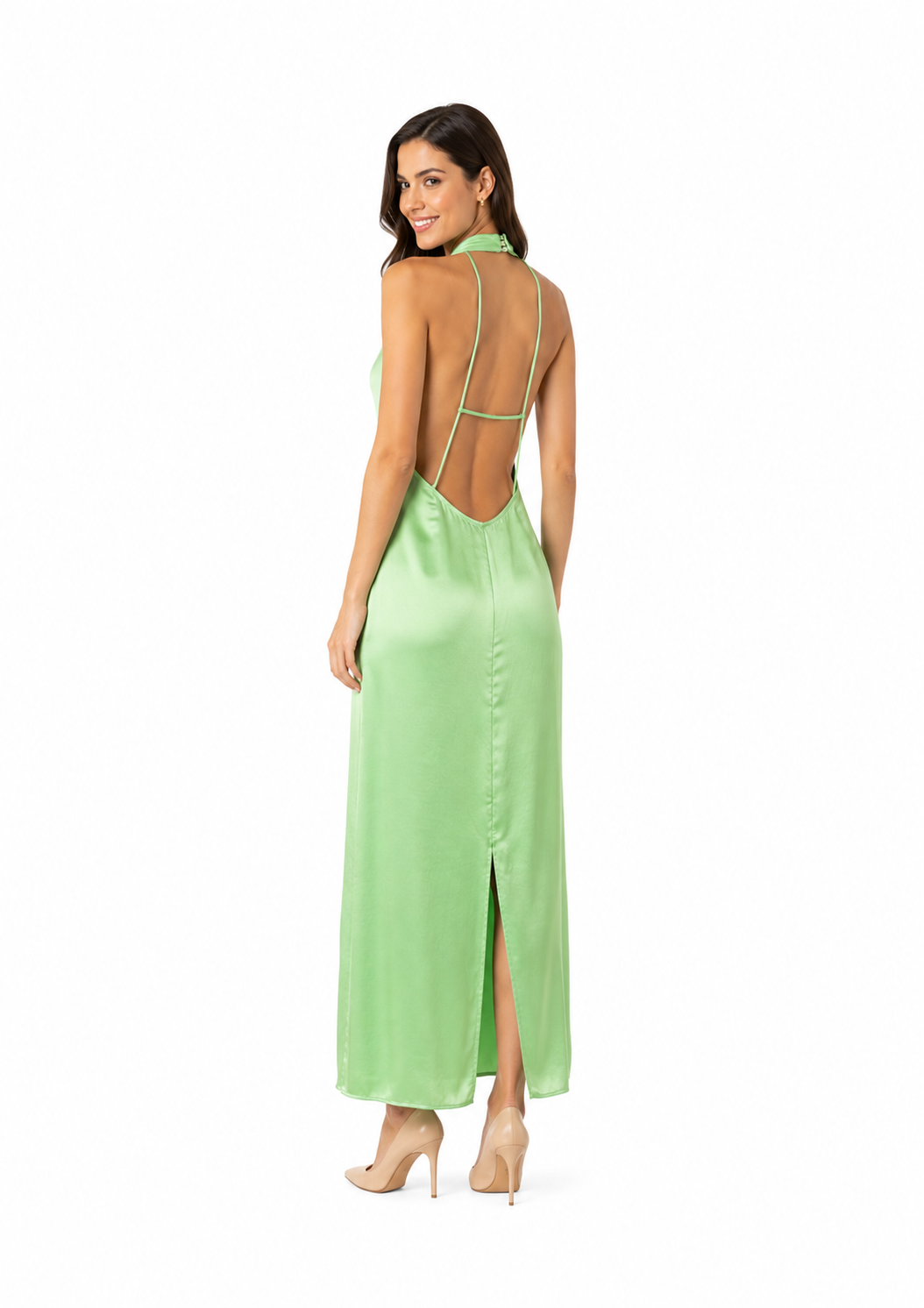Arriendo de Vestido largo verde limón cuello halter con tiritas en espalda