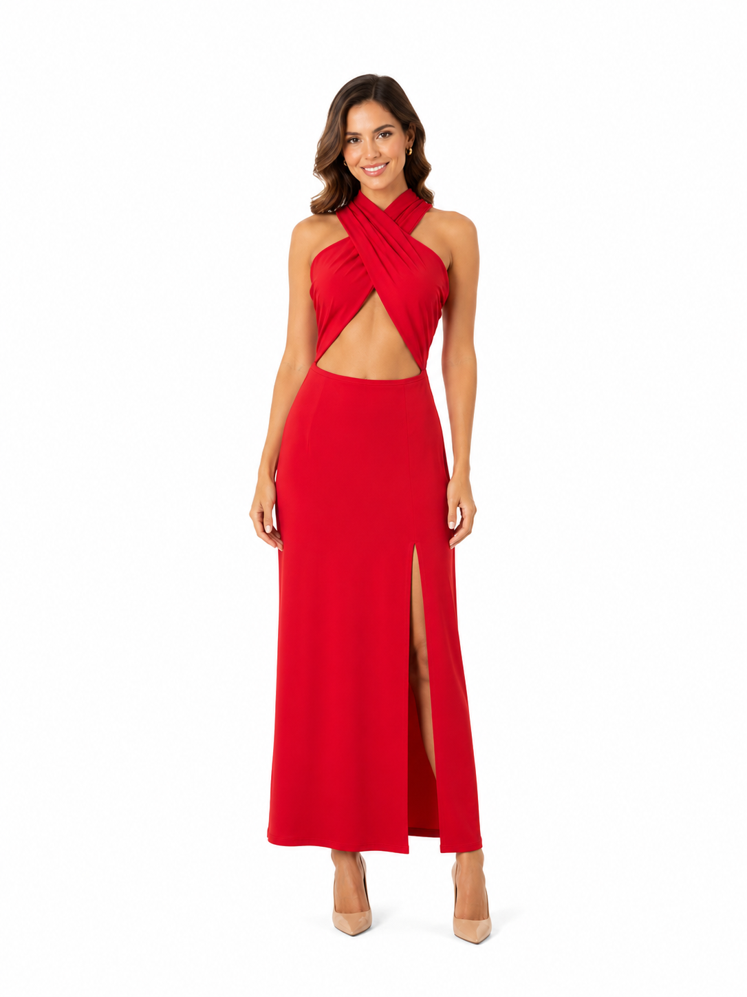 Arriendo de Vestido largo de lycra rojo italiano con tajo cruzado asimétrico arriba