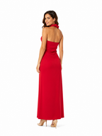 Arriendo de Vestido largo de lycra rojo italiano con tajo cruzado asimétrico arriba