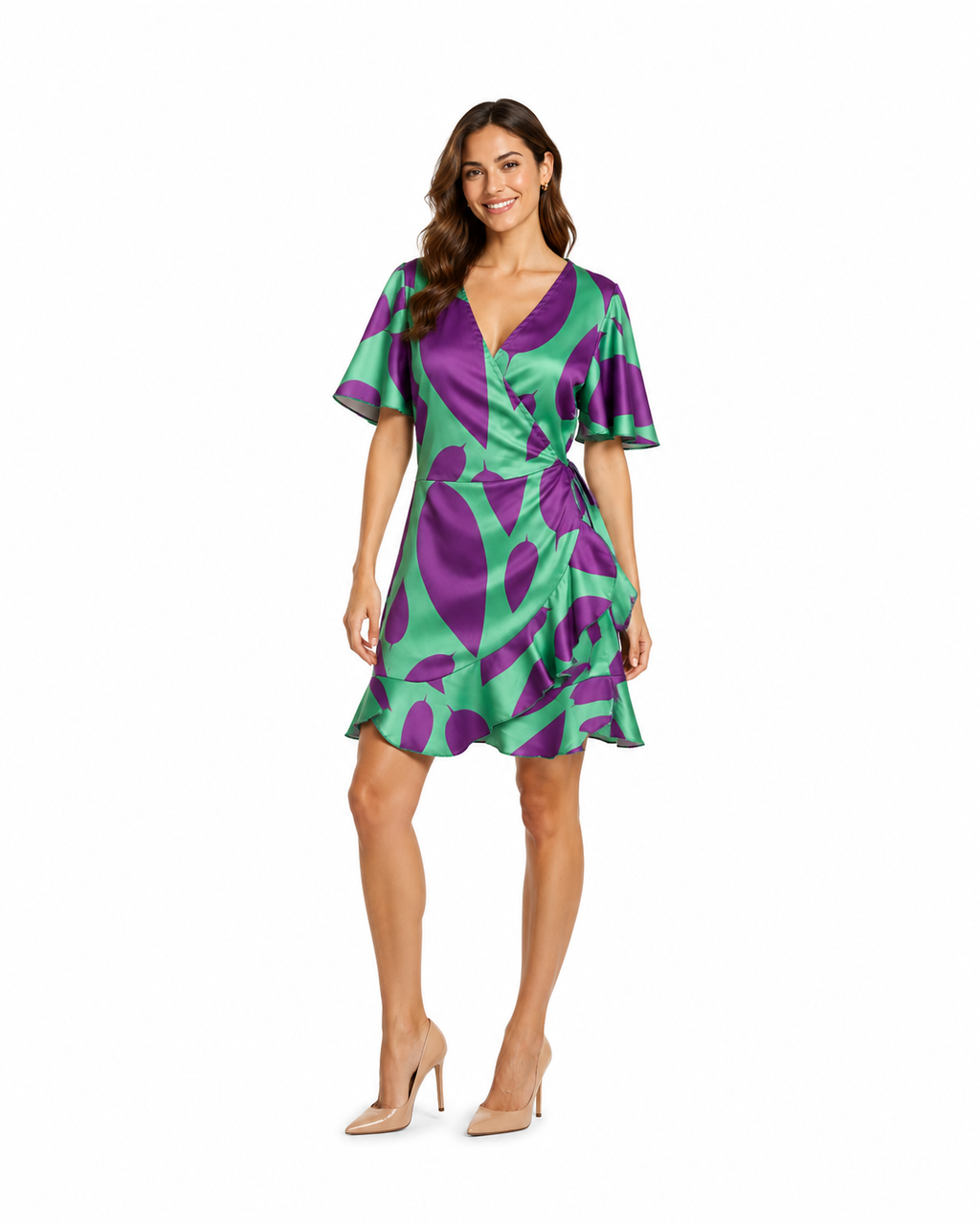 Arriendo de Vestido corto estampado verde con morado