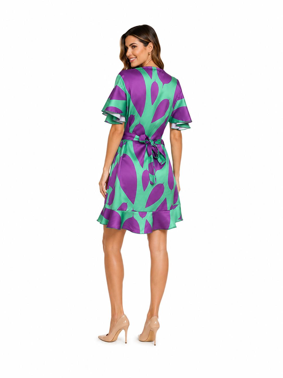 Arriendo de Vestido corto estampado verde con morado