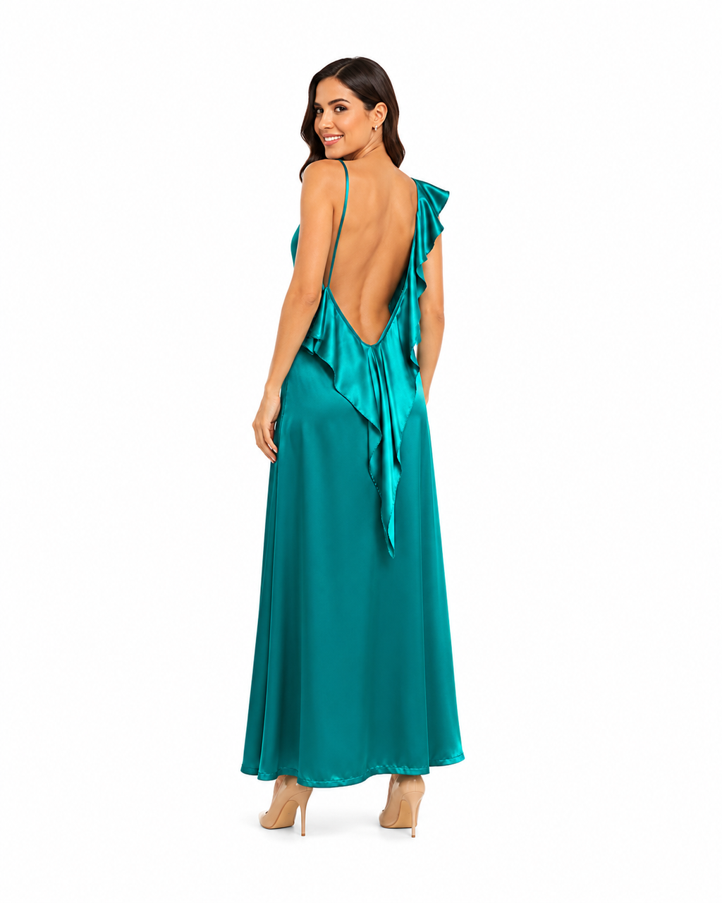 Arriendo de Vestido largo de seda turquesa con vuelos adelante y atras