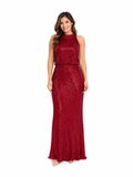 Arriendo de Vestido largo cuello halter rojo italiano con lentejuelas marca miss ord