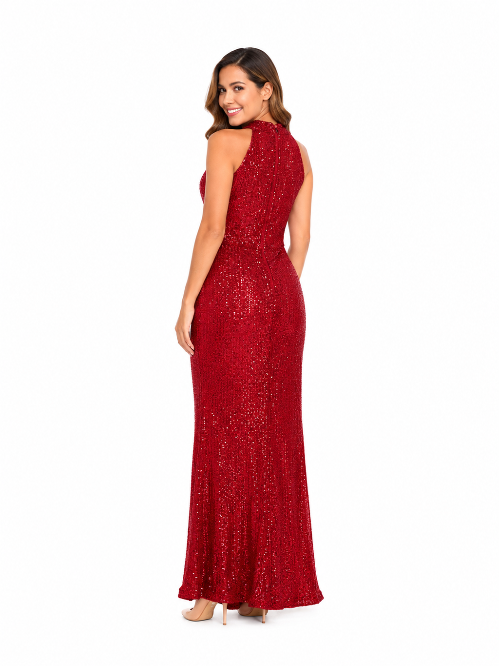 Arriendo de Vestido largo cuello halter rojo italiano con lentejuelas marca miss ord