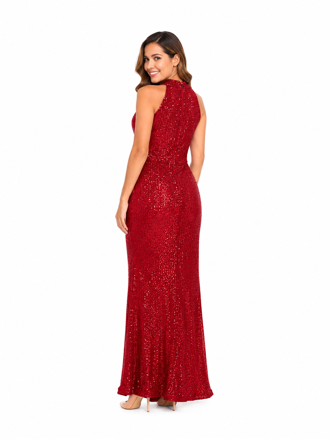 Arriendo de Vestido largo cuello halter rojo italiano con lentejuelas marca miss ord