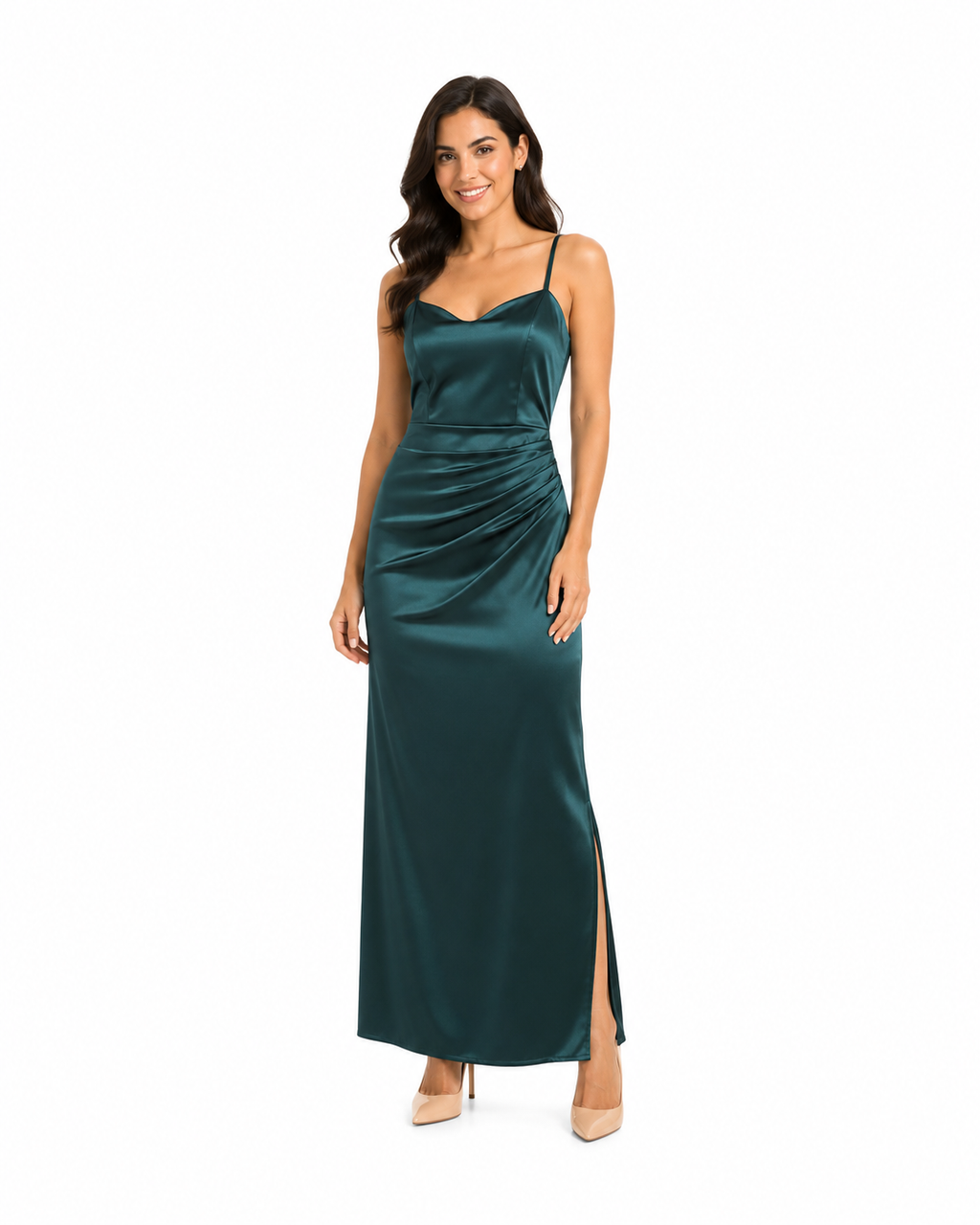 Arriendo de Vestido largo verde oscuro con tajo y parte de adelante en forma de corazón