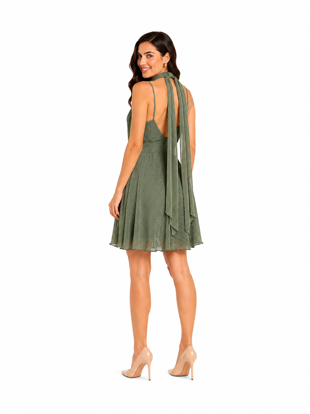 Arriendo de Vestido Corto verde miliar con nudo en cintura