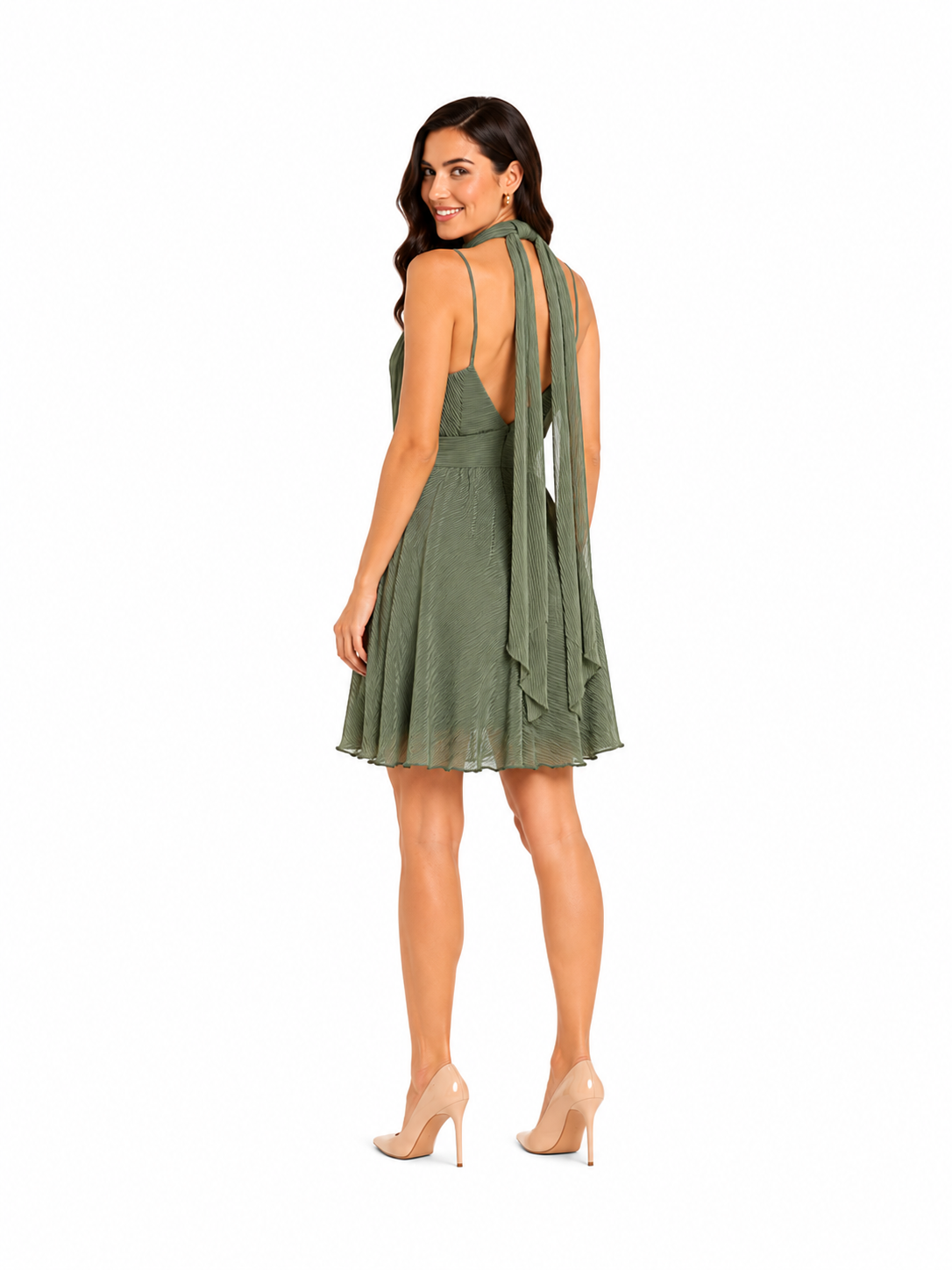 Arriendo de Vestido Corto verde miliar con nudo en cintura