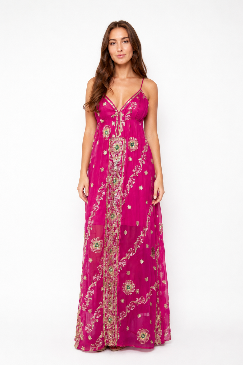 Arriendo de Vestido largo fucsia con mostacillas India Chic