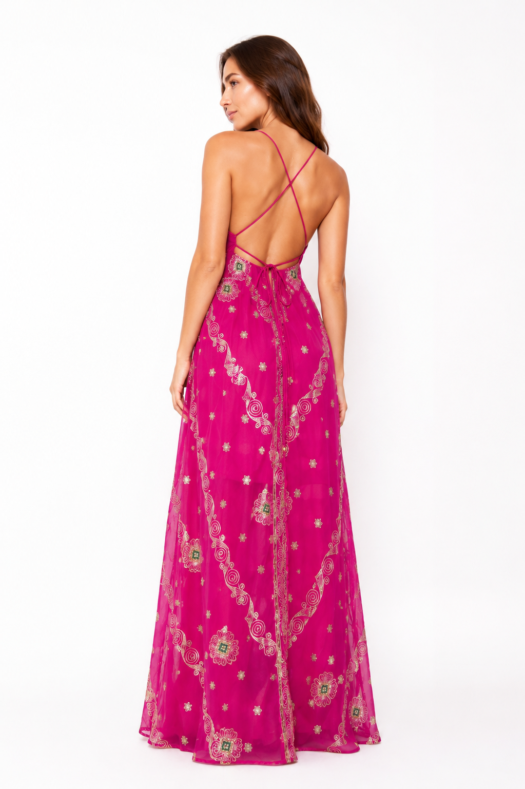 Arriendo de Vestido largo fucsia con mostacillas India Chic
